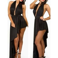 Black Color Sleeveless Plunging Neck Lace-Up Design Backless Asymmetrical Hem Dress For Women